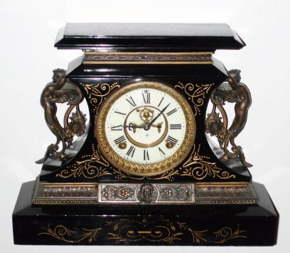C.1880, Ansonia Clock Co. ROSALIND, model enameled iron clock, 8-day time and strike with open escapement on the dial. — Antique Clocks Price Guide
