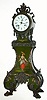 C.1890, French, for J. E. Caldwell, Philadelphia, mini tall case of wood, decorated in the style of Vernis Martin, and profusely accented with bronze trimmings at all corners, and with 4 hairy paw feet. The front of the dark green case has a painting of a young lady with large hat, and the sides are painted with flowers. 
