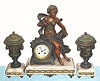 C.1900, French, Samuel Marti, Paris, 3-Piece Mantle Garniture, L' Histoire, a young girl with pen in her right hand, with her diary open, roses in her lap. Urns and figure of patinated white metal, with ormolu acanthus garlands spread across the marble bases. 