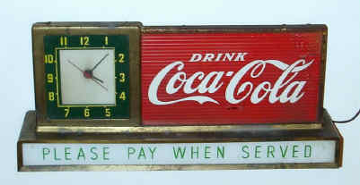 C.1950, Coca Cola, 110v, lighted advertising sign with original electric clock that was most likely used in a drug store soda fountain. — Antique Clocks Price Guide
