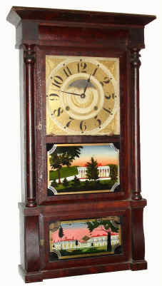 C.1840, Birge, Mallory and Co., Bristol, Conn., 8-day time/strike column and cornice shelf clock, strap brass movement with window shade dial. — Antique Clocks Price Guide