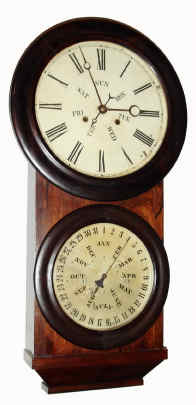C.1865, L. F. and W. W. Carter, Bristol, Conn, "Carter Calendar Clock", 8-day, 2-weight [both weights power central arbor], time and calendar, double dial, rosewood case — Antique Clocks Price Guide