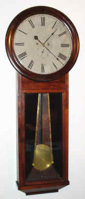 C.1869, Atkins Clock Co., uncommon 30 day 2-wt timepiece, flat front, rosewood, and with later added gilt/black tablet, and with upside down movement with seconds bit above 6. — Antique Clocks Price Guide