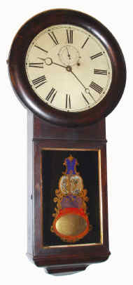 C.1875, Seth Thomas, Regulator No. 1, with S. B. Terry round movement and reverse painted tablet, large iron weight traveling behind baffle, and paper indicator. — Antique Clocks Price Guide