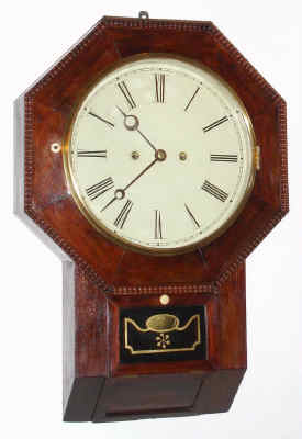 C.1860, Atkins Clock Co., Bristol, Conn, Thirty Day Fusee, wall clock, rosewood drop octagon with ripple molding. — Antique Clocks Price Guide