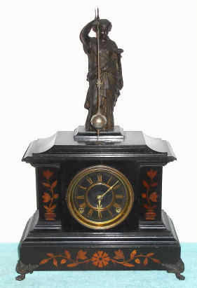 C.1882, F. Kroeber, New York, "Noiseless Rotary No. 3", inlaid mantle clock, time and strike with rotating conical pendulum, 8-day. — Antique Clocks Price Guide