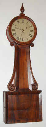 C.1850, Attleboro Area banjo timepiece, 8-day weight driven, in a closed mahogany case with beveled edges and wooden side arms. — Antique Clocks Price Guide