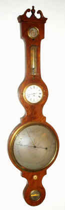C.1860, English, G. Copini, Shoreditch, [Somerset], Banjo Barometer with clock, hygrometer, thermometer and spirit level. — Antique Clocks Price Guide
