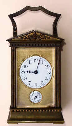 C.1900, French, Brass Cased Carriage timepiece with alarm, in an uncommon pediment top architectural case. — Antique Clocks Price Guide