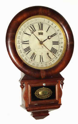 C.1870, Ansonia Brass and Copper Co., Drop Extra Calendar, with Terry's patent calendar showing the months through an aperture below 12, rosewood case, 8-day time and strike. — Antique Clocks Price Guide