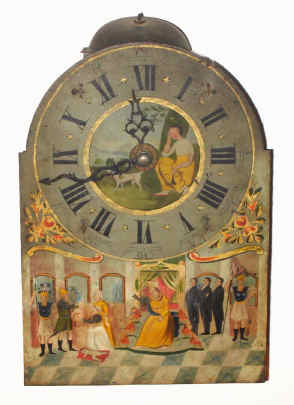 C.1800, Dutch, Movement and Dial, Animated, 1-day time and strike, 3 figures with arms that move as the clock ticks, titled SOLOMON'S VERDICT. — Antique Clocks Price Guide