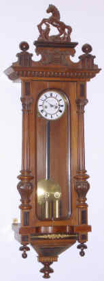 C. 1880, Austrian, J. Piskataschen, Graz movement, in another small case of the same period, and now mounted to a block of wood in the case back. Length is OK and clock keeps time. Dial is small for a 2-wt = 4.5". — Antique Clocks Price Guide