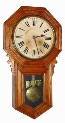 C.1901, Ansonia Clock Co., "Regulator B", 8-day time/strike regulator wall clock, solid oak moldings. — Antique Clocks Price Guide