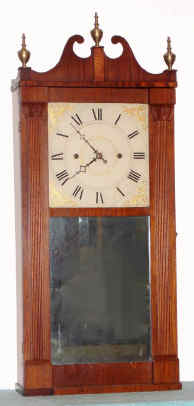 C.1830, Chauncey Boardman, Bristol, Conn., 30-hour wood movement reeded pilaster and scroll top shelf clock. — Antique Clocks Price Guide