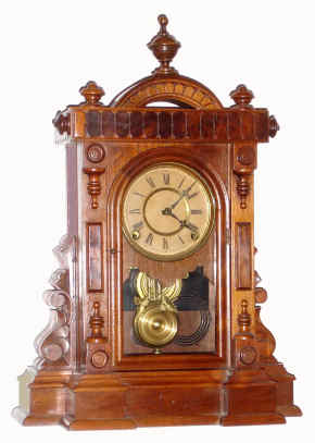 C.1885, E. Ingraham and Co., "Warwick", 8-day time and gong strike mantel clock. We did not find this model in the catalogs, however it has a very good label on rear. — Antique Clocks Price Guide