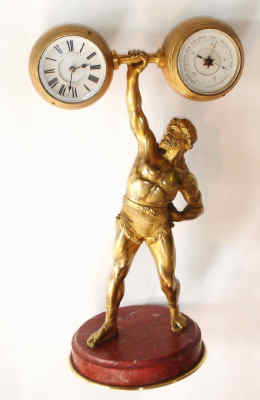 C.1895, French, Clock and Barometer, gilt bronze commemorative to EUGEN SANDOW, famous weight lifter and "father of modern weight lifting", retailed by Elkington and Co., Liverpool, each instrument held in the ends of a giant barbell. Sandow was born in 1867 in Konigsberg, Germany. — Antique Clocks Price Guide