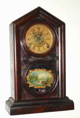 C.1880, E. Ingraham and Co., DORIC, mahogany cased shelf clock, 8-day, time , strike and alarm, 8-day. — Antique Clocks Price Guide