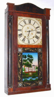 C.1830, Riley Whiting, Winchester, Conn, 30 hour wooden works, stenciled column and splat. — Antique Clocks Price Guide