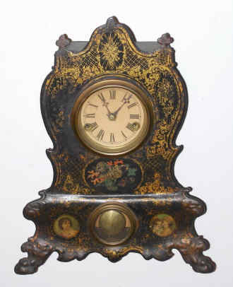 C.1855, Jerome and Co., New Haven, mini enameled iron front with gold stenciling, 30 hour t/s. — Antique Clocks Price Guide