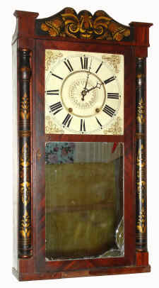 C.1832, Marsh, Gilbert and Co., Farmington, Conn, stenciled column and splat, 30 hour wooden works, time and strike. — Antique Clocks Price Guide
