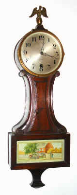 C.1927 Sessions Clock Co., "York", 8-day banjo timepiece, pendulum style, with tablet of a coach stopped at the Betsy Ross house. — Antique Clocks Price Guide
