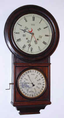 C.1878, Welch, Spring and Co., Round Head No. 4, 8-day time and gong strike double dial calendar clock. — Antique Clocks Price Guide