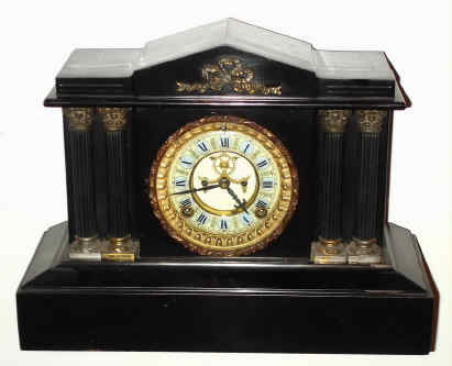 C.1900, Ansonia, BOSTON EXTRA, black enameled iron mantel clock with extra fancy open escapement dial. — Antique Clocks Price Guide
