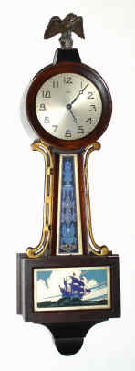 C.1929, New Haven Clock Co., "Willis", 12-day lever banjo timepiece, with blue and silver Art Deco tablet set. — Antique Clocks Price Guide