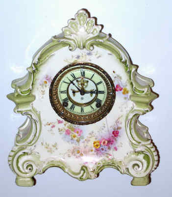 C.1895, Ansonia Clock Co., Royal Bonn, "La Bretagne", 8-day time/strike porcelain mantel clock, with open escapement. — Antique Clocks Price Guide