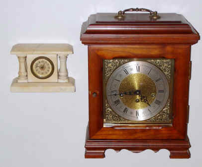 Lot of 2: C.1980, German, Westminster chime mantel clock and C.1910 small white marble 30-hour lever movement mantel that could be a New Haven. — Antique Clocks Price Guide