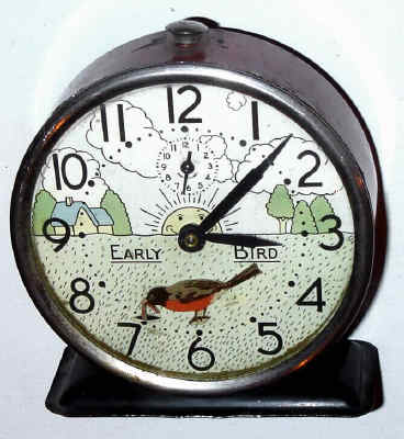 C.1933, Westclox, LaSalle, Ill, "EARLY BIRD" , 1- day novelty alarm, showing a rocking robin pulling a worm from the ground. — Antique Clocks Price Guide