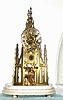 C.1870, English, Wm. F. Evans, 1-Fusee, Sir Walter Scott Monument, timepiece skeleton with original glass dome and gilt bronze figures of Sir Walter and his dog.