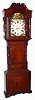 C.1840, English, S. J. Bibby, Carnarvon [Wales], 2-Wt, 8-day tall case with animated dial, a monkey swinging from tree to tree to avoid a lion with "blinking eyes", in a wide mahogany case typical of the North country in England.
