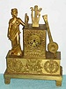 C.1820, French, Bechot, Ormolu Figural clock, MUSIC, classic gowned lady to the left supporting a pair of flutes, lyre in the center and a mandolin to the right. See very similar model, less flutes in French Bronze Clocks, by Niehuser, pg 231, fig 724.