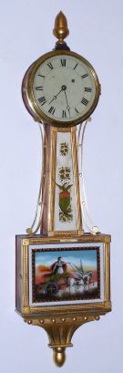 Boston area unsigned weight banjo, 8-day, a gilt rope front case with a replacement reverse painted Aurora tablet, C.1835. — Antique Clocks Price Guide