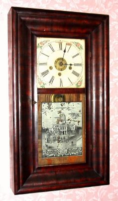 Forestville Mfg Co., 8-day, time, strike and alarm OOG shelf clock, with exceptional well figured mahogany veneer. C. 1845. — Antique Clocks Price Guide