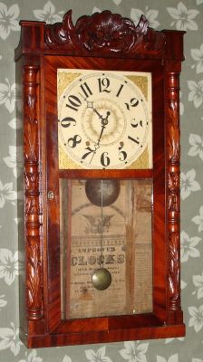 Williams, Orton, Preston's and Co., Farmington, Conn, carved column and splat shelf clock, 30-hour time and strike wooden movement, 2-wt, mahogany. C. 1840. — Antique Clocks Price Guide