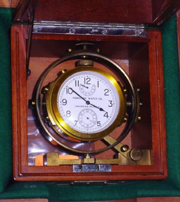 Hamilton Watch Co., Lancaster, PA, USA, MODEL 22, 21j, 2-day deck watch in mahogany gimbal case, and with outer carry box w/ leather strap. C. 1943. — Antique Clocks Price Guide