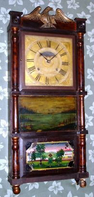 Birge, Mallory and Co., triple deck shelf clock with eagle splat, with large strap brass, roller pinion movement, 8-day, 2-wt. C. 1840. — Antique Clocks Price Guide