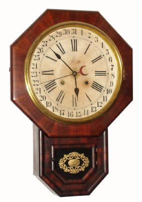 Waterbury Clock Co., "DROP OCTAGON RC, Calendar", in rosewood, 8-day time and strike with central calendar hand. C.1881. — Antique Clocks Price Guide