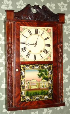 Riley Whiting, Winchester, Conn, cased by Wm. A. Whiting and Co., Buffalo, NY, 30-hour wood movement carved column and splat shelf clock, 2-wt. C.1830. — Antique Clocks Price Guide