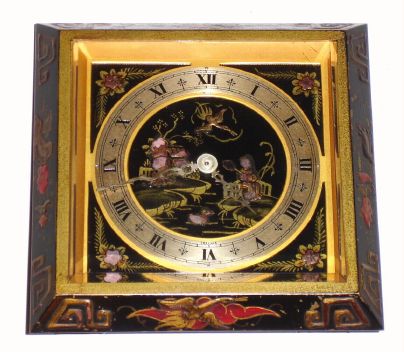 Chelsea Clock Co., Boston, Mass, CHINESE LACQUER, strut timepiece, back wind, serial No. 516398, 8-day. C.1947. — Antique Clocks Price Guide