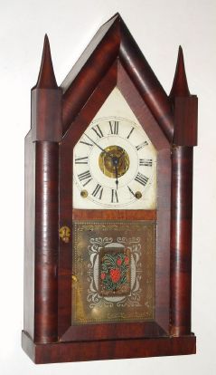 Terry and Andrews, Bristol, Conn, sharp Gothic, or steeple clock, time, strike and alarm, 8-day, spring, w/ key lock door. C.1848. — Antique Clocks Price Guide