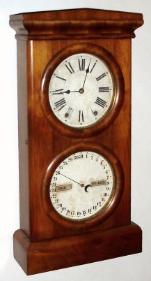 Seth Thomas Clock Co., PARLOR CALENDAR No. 3, walnut veneered double dial perpetual calendar clock, 8-day time and strike. C.1879. — Antique Clocks Price Guide