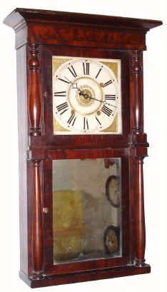 Daniel Pratt, Jr., Reading, Mass, 30-hour wood movement with alarm between the plates (3-wt), double deck column and cornice. C.1839. — Antique Clocks Price Guide