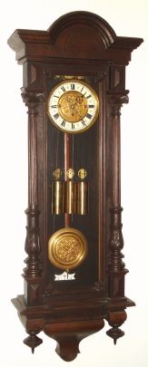 German, 3-Wt Grand Sonnerie, "Vienna Regulator", movement No. 394644 (Bohemia), rod strike in an alt Deutsch case with 3/4 columns (movement not original to case). C.1895. — Antique Clocks Price Guide