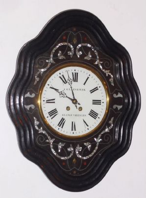 French, Japy Freres, picture frame or Baker's clock with MOP inlaid dial surround and reverse painted glass dial, time and gong strike, 8-day. C.1900. — Antique Clocks Price Guide