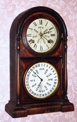 Welch, Spring and Co., "ITALIAN No. 3", double dial perpetual calendar, rounded Gothic, rose column shelf clock, 8-day time and strike. C.1872. — Antique Clocks Price Guide