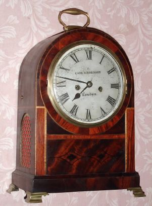 English, Regency era bracket clock, 2-fusee, bell striking, in a mahogany veneered case with latched bezel. C.1830. — Antique Clocks Price Guide