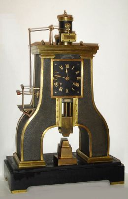 French, STEAM HAMMER clock from the Industrial series designed by Guilmet, 8-day time and bell strike, the vertical impact "hammer" serving as the pendulum after the power has been transferred 9 times, movement No. 394. C.1880, — Antique Clocks Price Guide